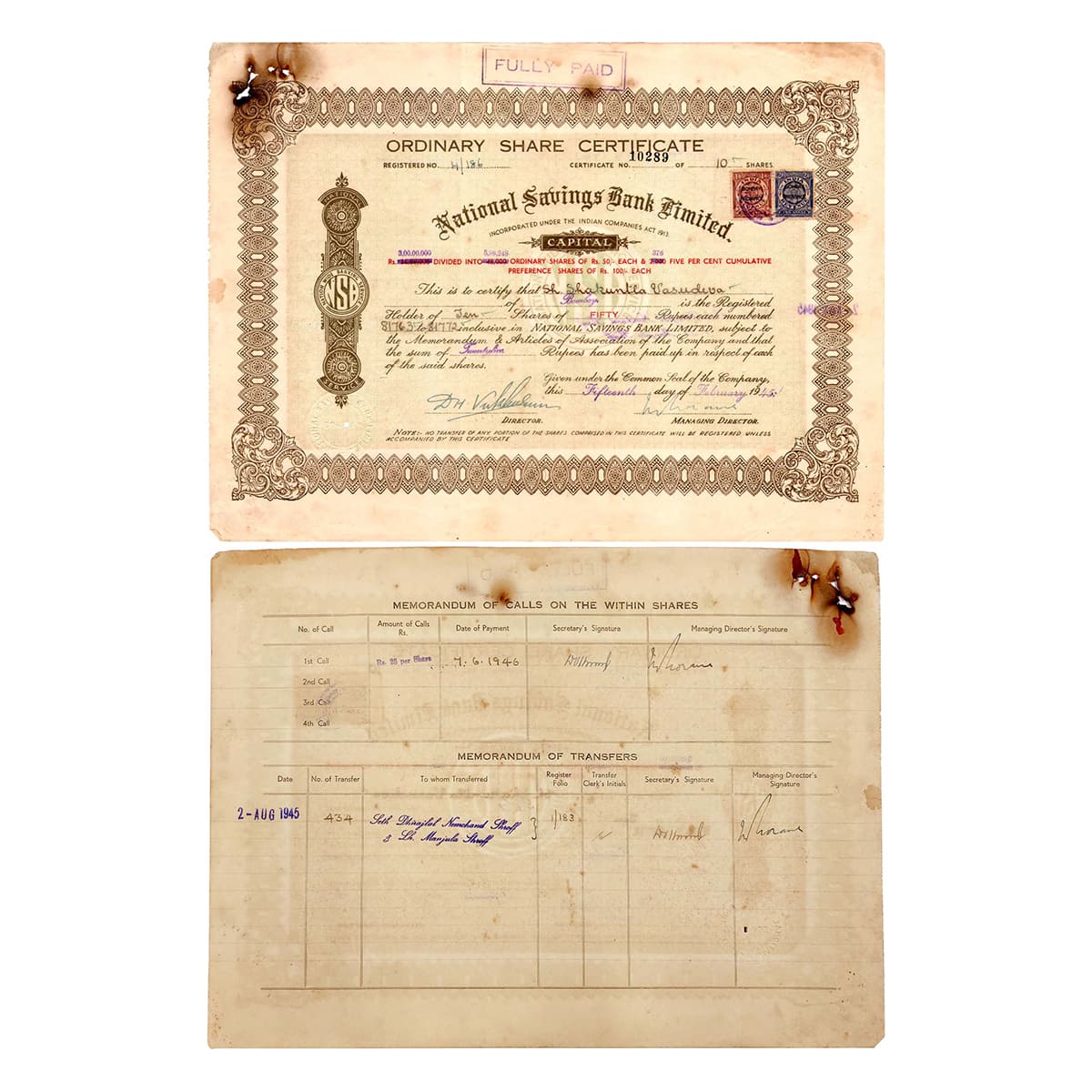 Paper, National Savings Bank Ltd., 10 Shares of Rupees 500, dated 15th February 1945. With
