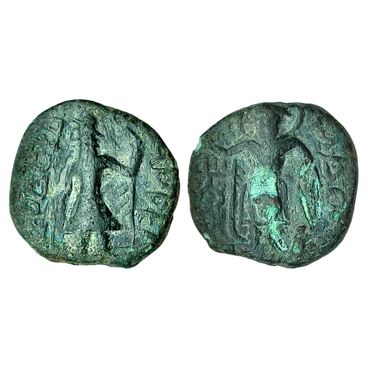 Kushanas, Kanishka I, Copper, 3.79 g, ½ Unit, King standing in centre with Greek legend ar