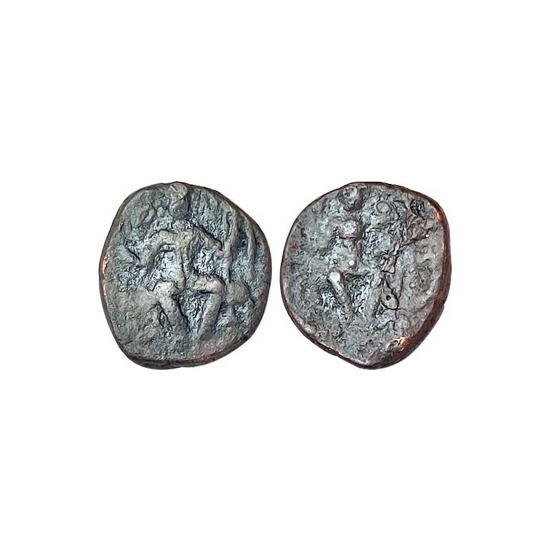 Kushanas, Huvishka, Copper, 3.80 g, King seated, facing front on obverse; Goddess Ardoxo s