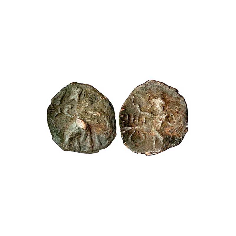 Kushanas, Huvishka, Copper, 1.13 g, King on an Elephant walking to right on obverse; Greek