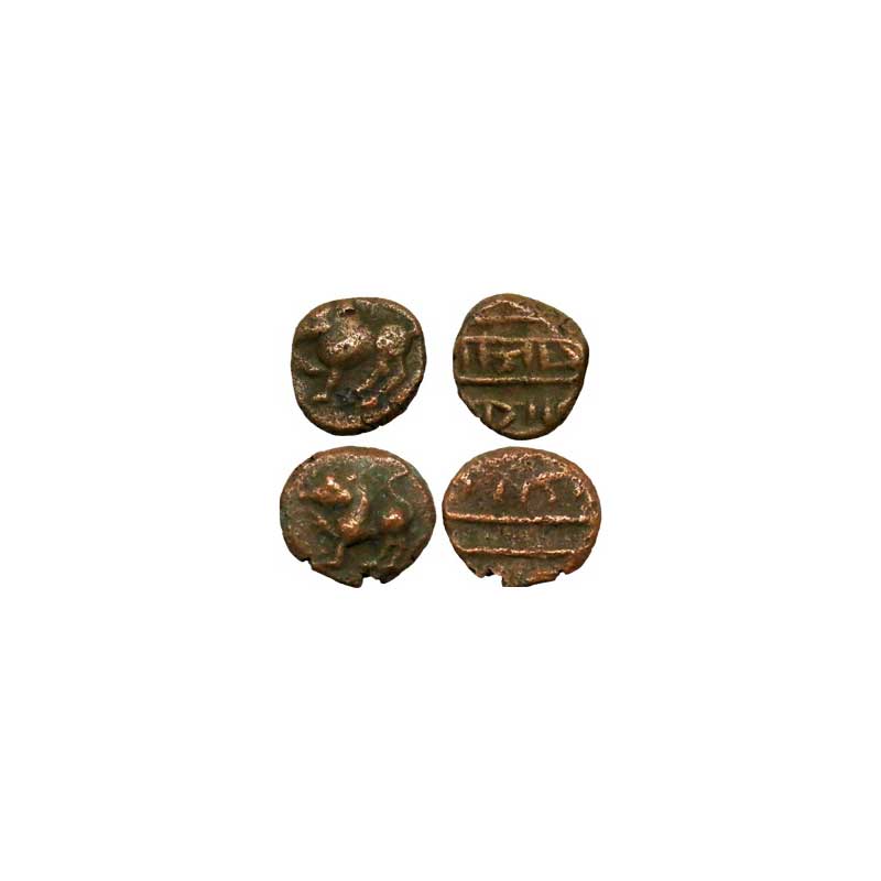 Vijayanagara Empire, Copper (2), Kasu, a jumping lion with upraised tail on obv, crude leg