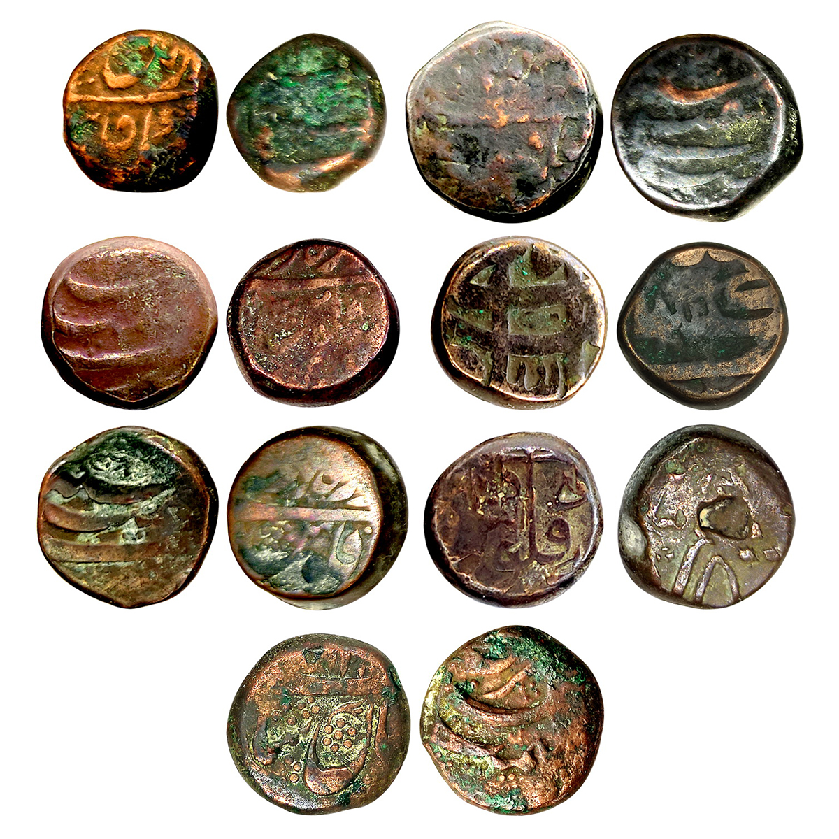 Durranis, Copper (7), assorted lot of coppers of various Durrani kings, numerous varieties