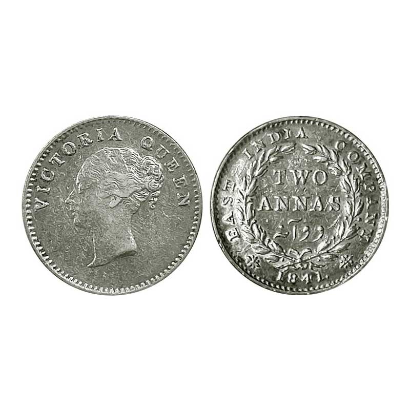 Victoria Queen, Continuous Legend, Silver, 2 Annas, Calcutta Mint, 1841, 16 berries, a Loc