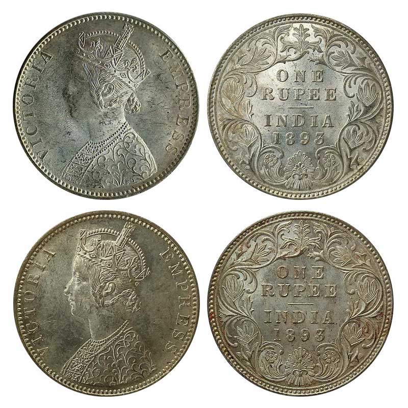 Victoria Empress, Silver (2), Rupee, 1893, Bombay Mint, B incused at top flower. Two die v