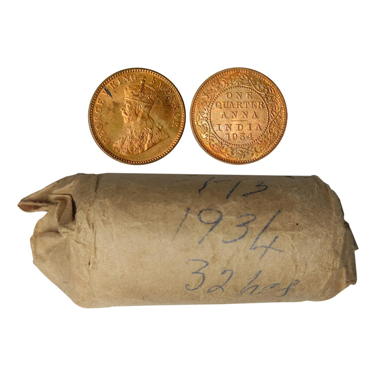 George V, Copper, ¼ Anna, Original pack of 32 coins of ¼ Anna of the year 1934. Calcutta M