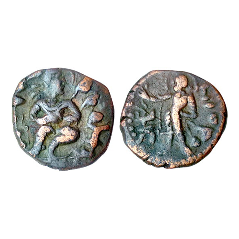 Kushanas, Huvishka, Copper, 7.12 g, MIORO type, King seated with left leg bent and the rig