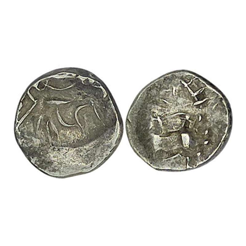 Post-Gupta Punjab/Sindh, Ranavigraha (AD 550-600), Silver Dramma, 0.50 g. Obv: Profile bus