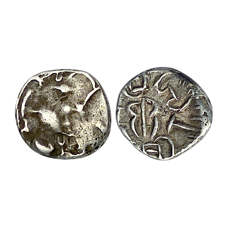 Rashtrakutakas, Rana Vigraha, Silver, 0.52 g, portrait of the ruler on obv, Brahmi legend 