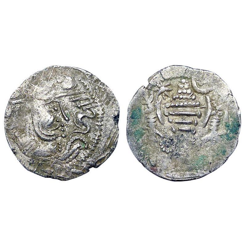 Chavdas of Gujarat (AD 760-850), Billon, 4.23 g, Gadhaiya type Paisa, stylized crowned hea