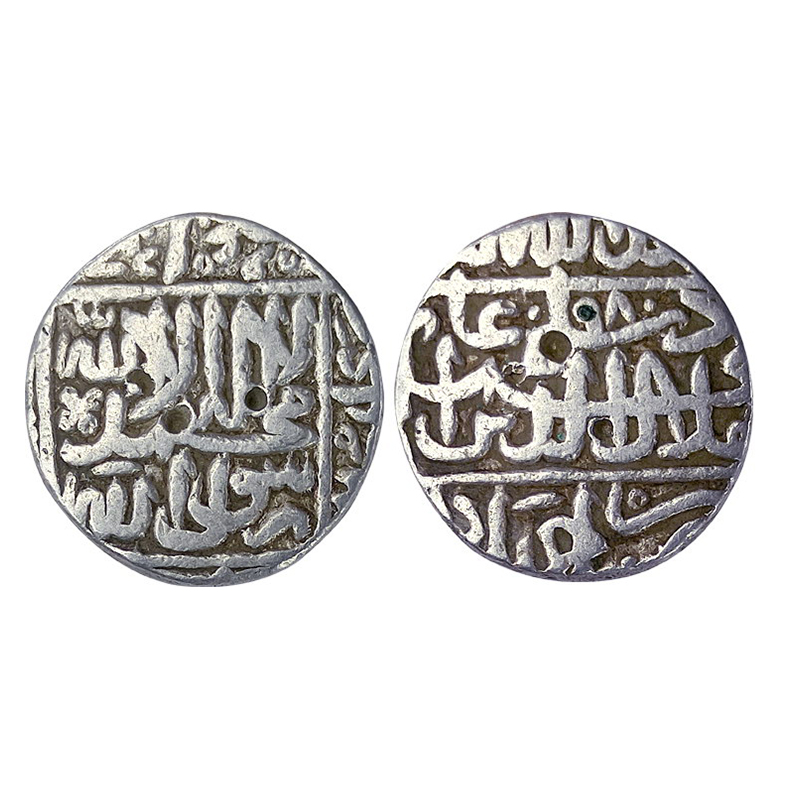 Akbar, Ahmedabad Mint, Silver, Rupee, Kalima type, full mint name at bottom on rev, AH 980
