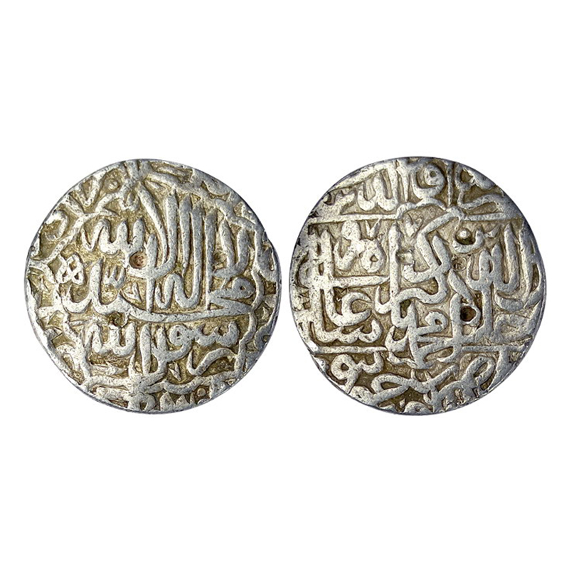 Akbar, Jaunpur Mint, Silver, Rupee, Kalima type, full mint name at bottom on rev, AH 977. 