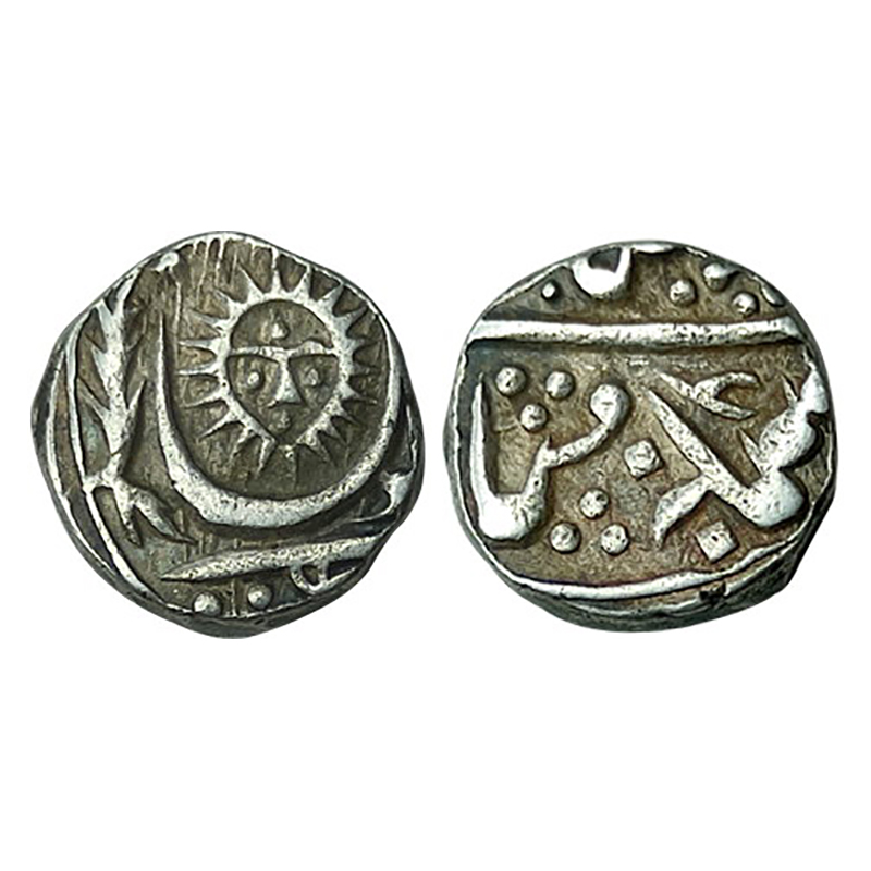 Indore, ½ Rupee, Silver, 5.6 g, Sun Face type, in the name of Shah Alam II, Malharnagar Mi