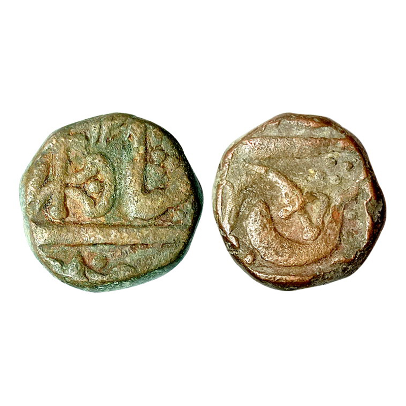 Indore, ½ Anna, Copper, 15.65 g, a broad battle Axe Parshu on obv, a Sword as a bold mint 
