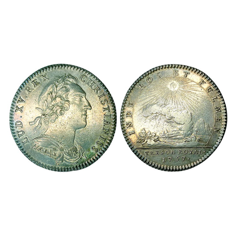 Indo-French Treasury Token, Silver, 7.42 g, portrait of Luis XV and legend around on obv, 