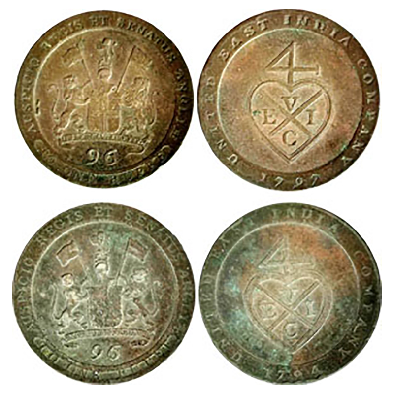 East India Company, Madras Presidency, Copper (2), 1/96 Rupee, 1794 and 1797, Birmingham S