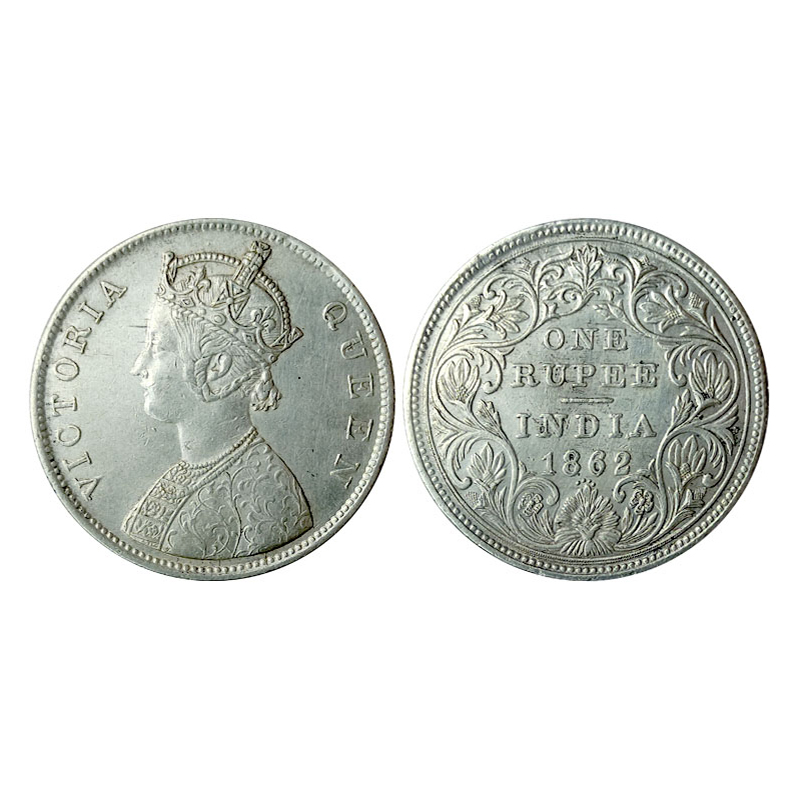 Victoria Queen, Silver, Error Rupee, 1862, B-II-0/4 Dots type. Double Die in all four digi