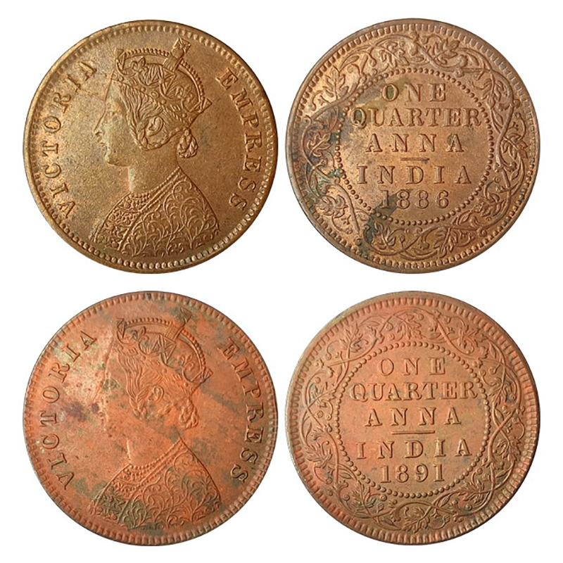 Victoria Empress, Copper (2), ¼ Anna, 1886 and 1891, Bombay Mint (Prid 641). Both UNC, Rar