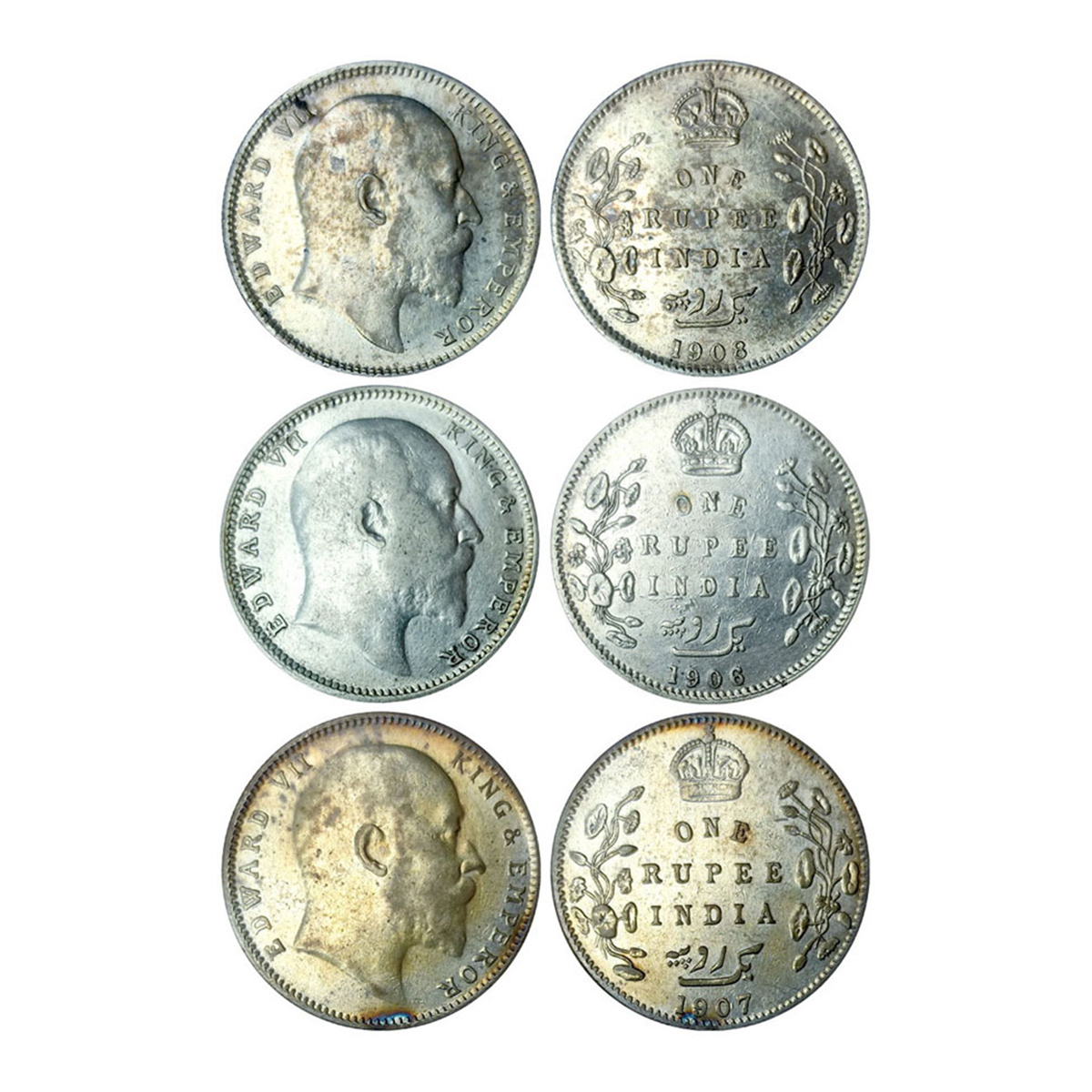Edward VII, Silver (3), Rupee, 1906, 1907 and 1909. UNC. (3)...