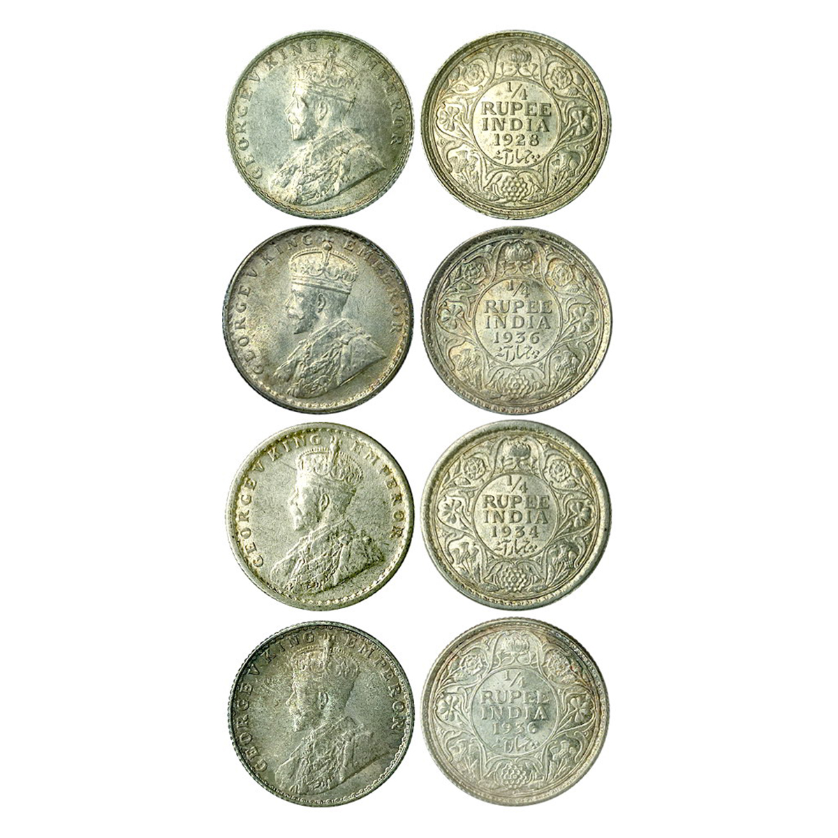 George V, Silver (4), ¼ Rupee, 1928, 1934 and 1936 (2). All UNC. (4)...