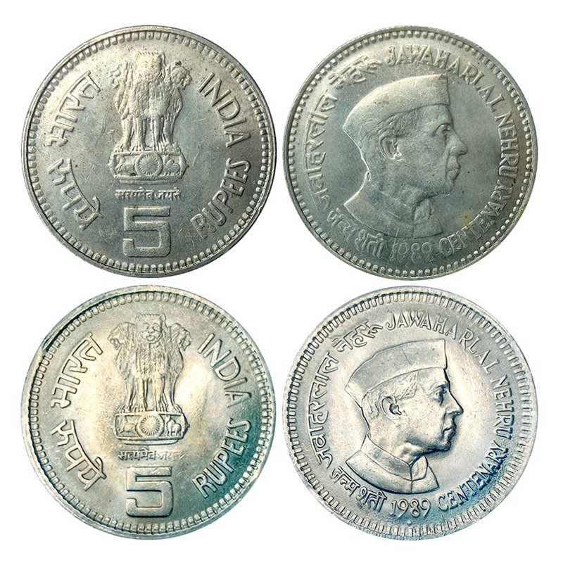 Cupro - Nickel, 5 Rupees Mule, 1989, Jawaharlal Nehru, Copper-Nickel, Bombay Mint, Both si