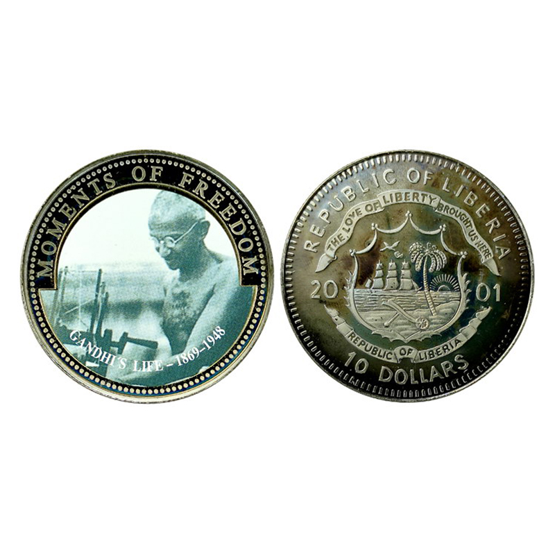 Cupro - Nickel, Liberia, Copper-Nickel, 25.51 g, 10 Dollars, 2001, Mahatma Gandhi Commemor