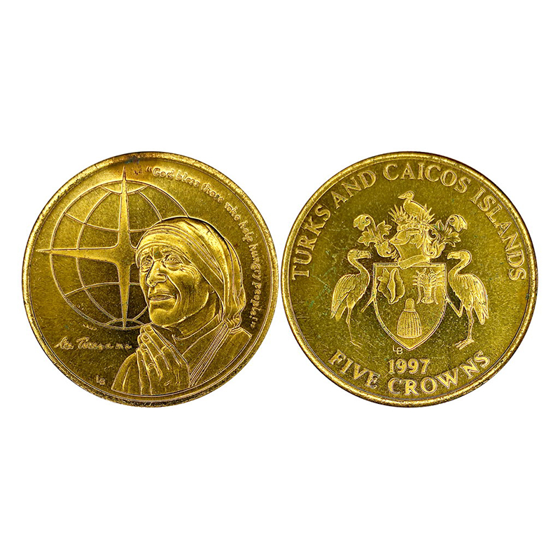 Turk and Caicos Islands, Gold Gilt over Copper, 5 Crowns, 29.4 g, Mother Teresa Commemorat