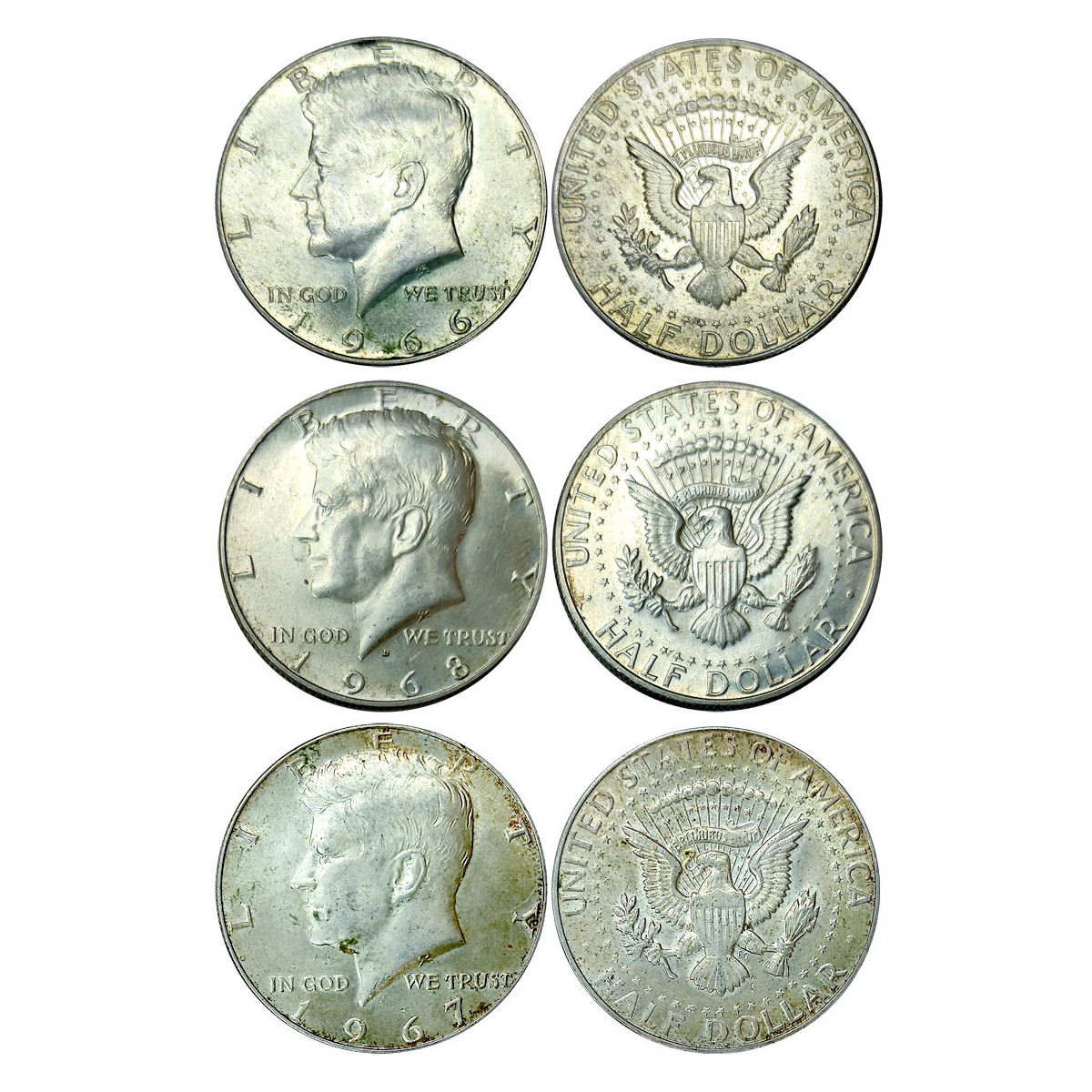 USA, Silver (3), ½ Dollar, Kennedy Half Dollar, 1966, 1967 and 1968. All UNC. (3)...