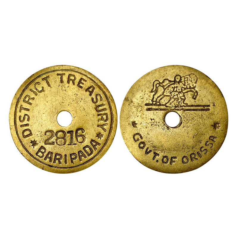 Treasury Token, Copper, District Treasure / Baripada / 2816 on obv. Govt of Orissa and eng