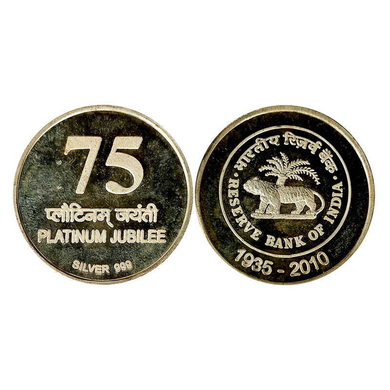 RBI Token, Silver, 25 g, Platinum Jubilee Token, logo of the RBI and 1935-2010 on obv. 75 