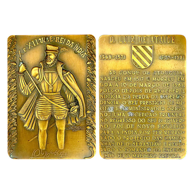 Indo Portuguese, 10th Viceroy of India Dom LUIZ DE ATAIDE, Rectangle Heavy BRONZE Medal, 1