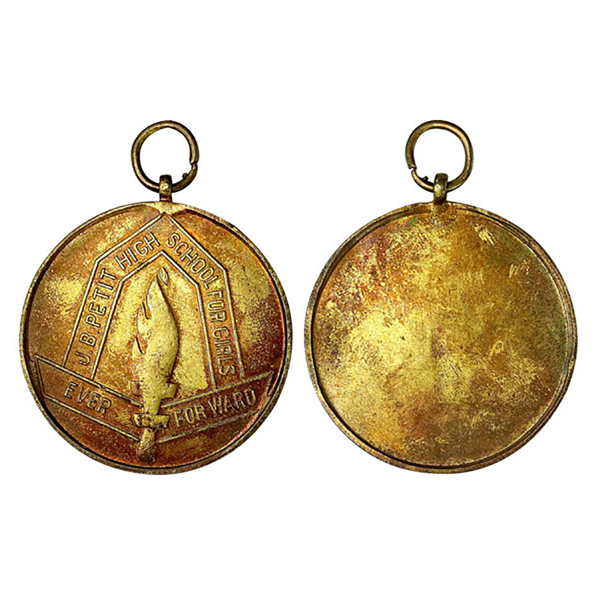 Parsee Medal: J.B. Petit High School, Copper Gilt, 30 g, obv. emblem and motto of the scho