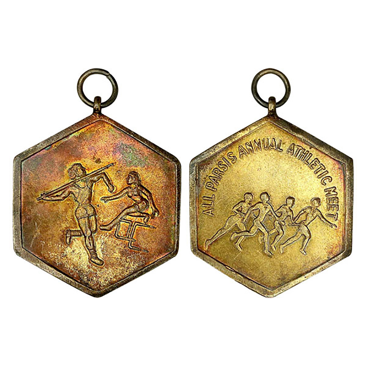 Parsee Medal: All Parsis Annual Athletic Meet, Gold Gilt on Copper, 60 g, 1st Prize. obv. 
