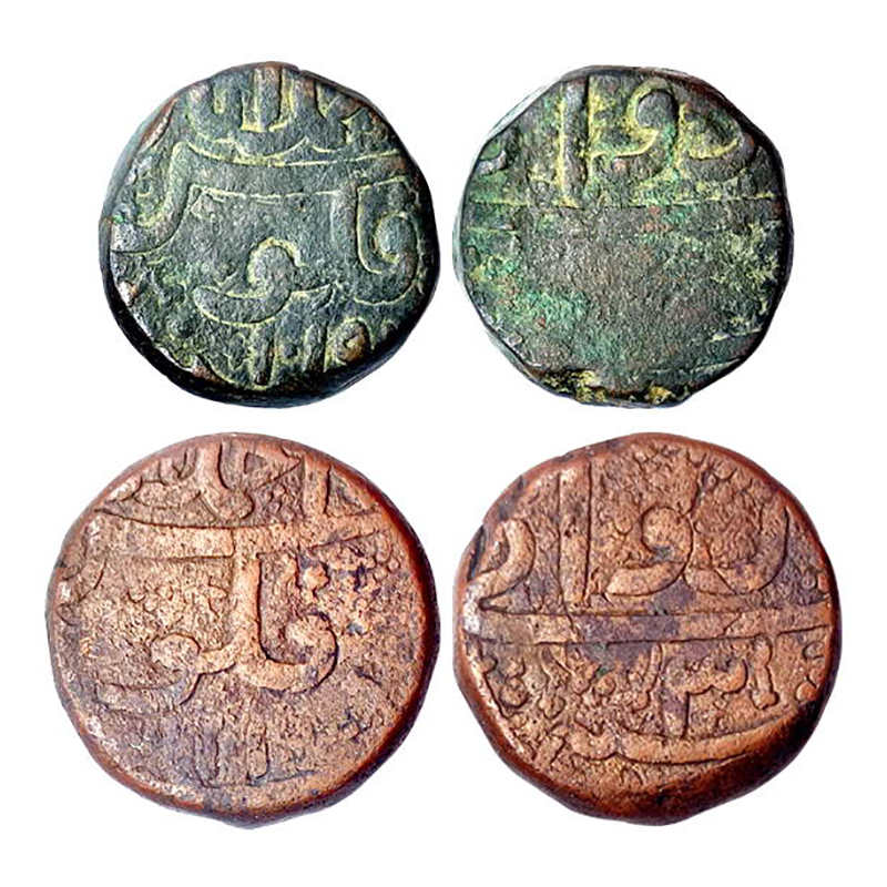 Jahangir, Ahmedabad Mint, Copper (2), Rawani and Chau Tanki, 24.36 g and 16.49 g, AH 1019,