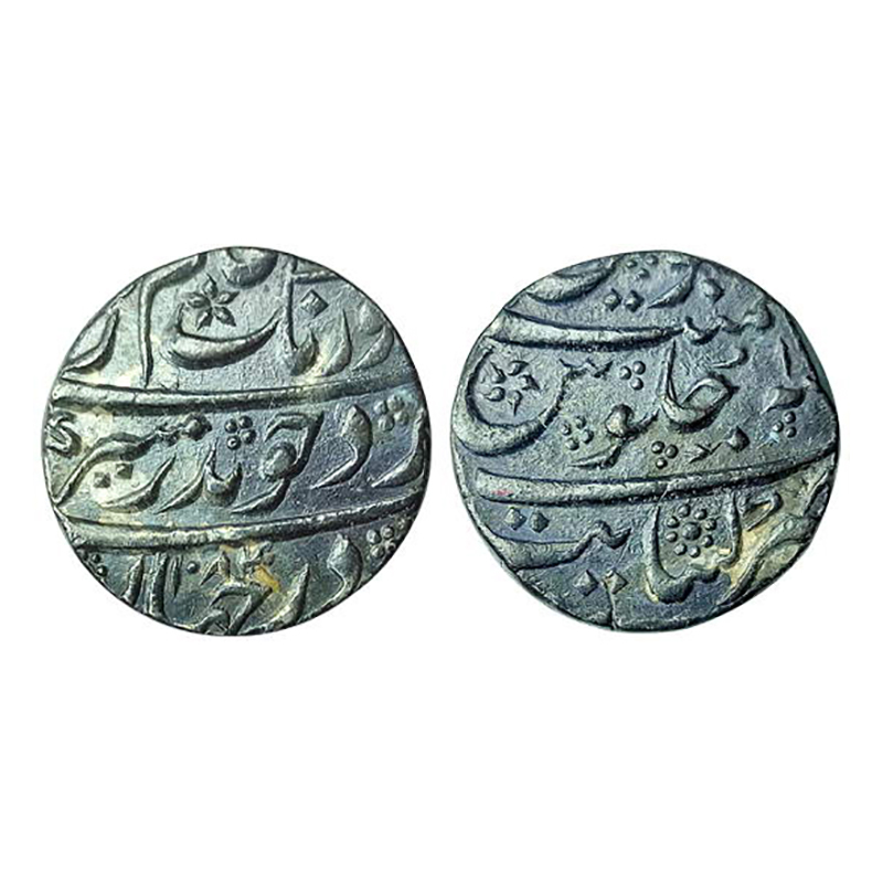 Aurangzeb, Khambayat Mint, Silver, Rupee, Badr Munir type, AH 1084, RY 1x. Complete mint n
