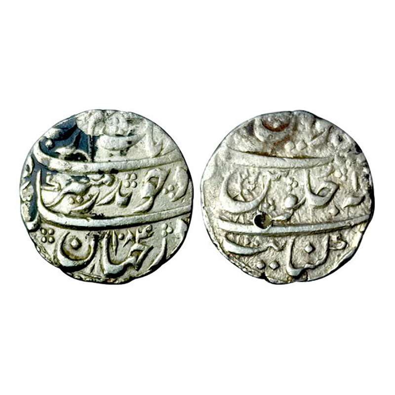Aurangzeb, Khambayat Mint, Silver, Rupee, Badr Munir type, AH 1084, RY 1x. Complete mint n