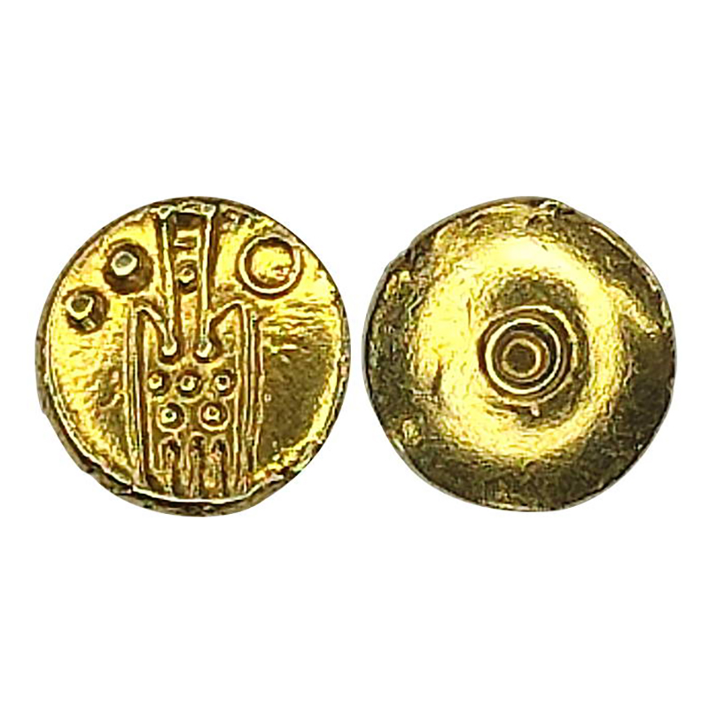 Marathas of Tanjore, Gold, 0.36 g, Fanam, Gingee Mint. Obv: Stylized 'Goddess' or 'Kali' d