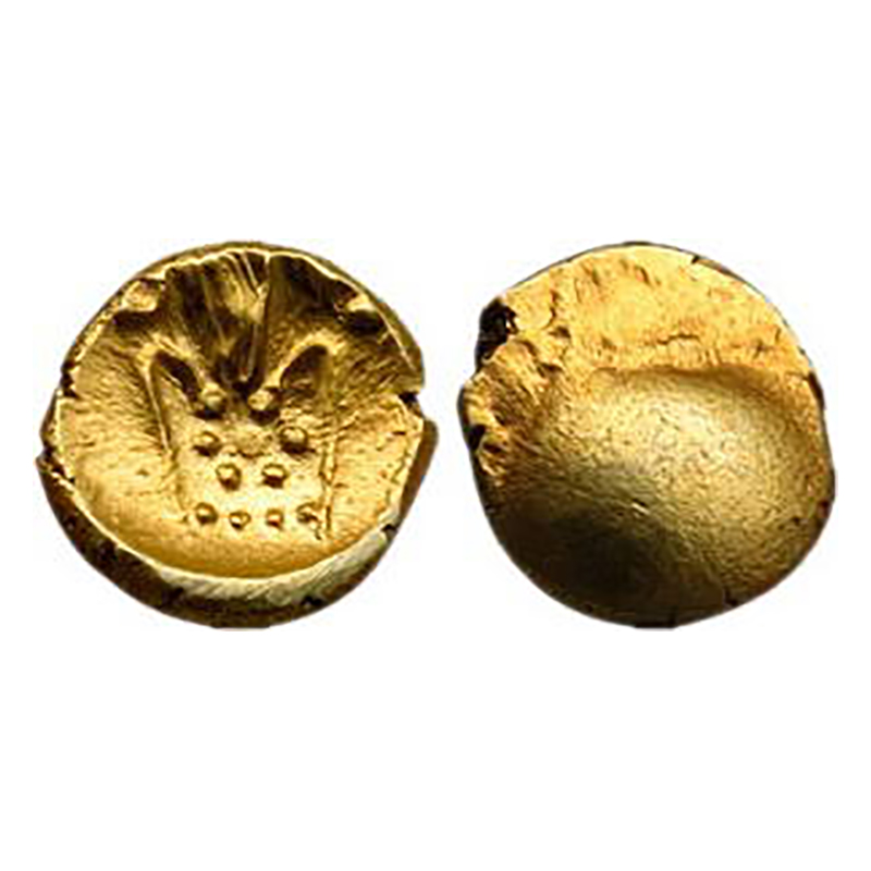 Marathas of Tanjore, Gold, 0.36 g, Fanam, Vira Raya type on obverse, goblet on reverse. UN