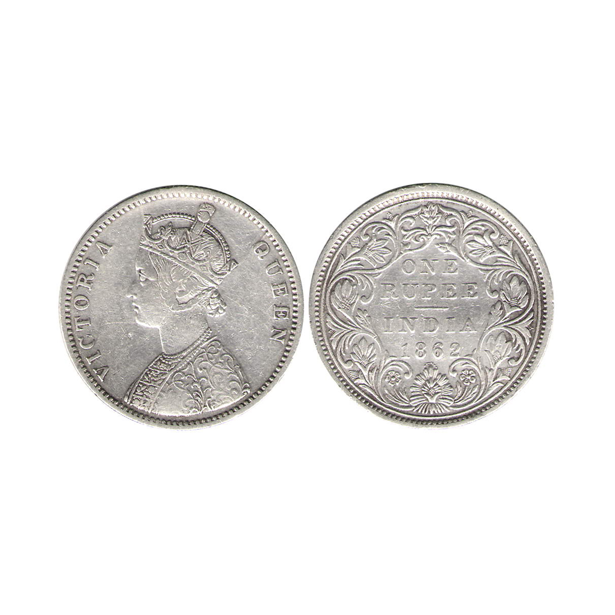 Victoria Queen, 1 Rupee, Silver, Bombay Mint, 1862, A/II/0/7, with Crescent, Pridmore# 87,