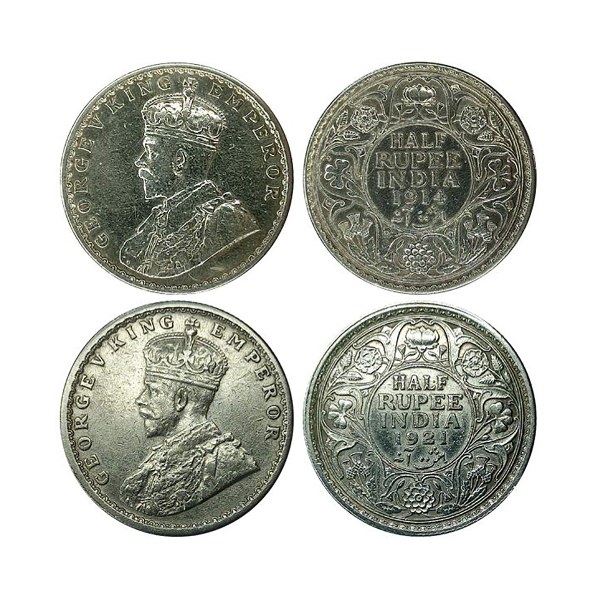 George V, ½ Rupee (2), Silver, Bombay Mint, 1914, Bombay Mint, GK# 1051; & 1921, Calcutta 