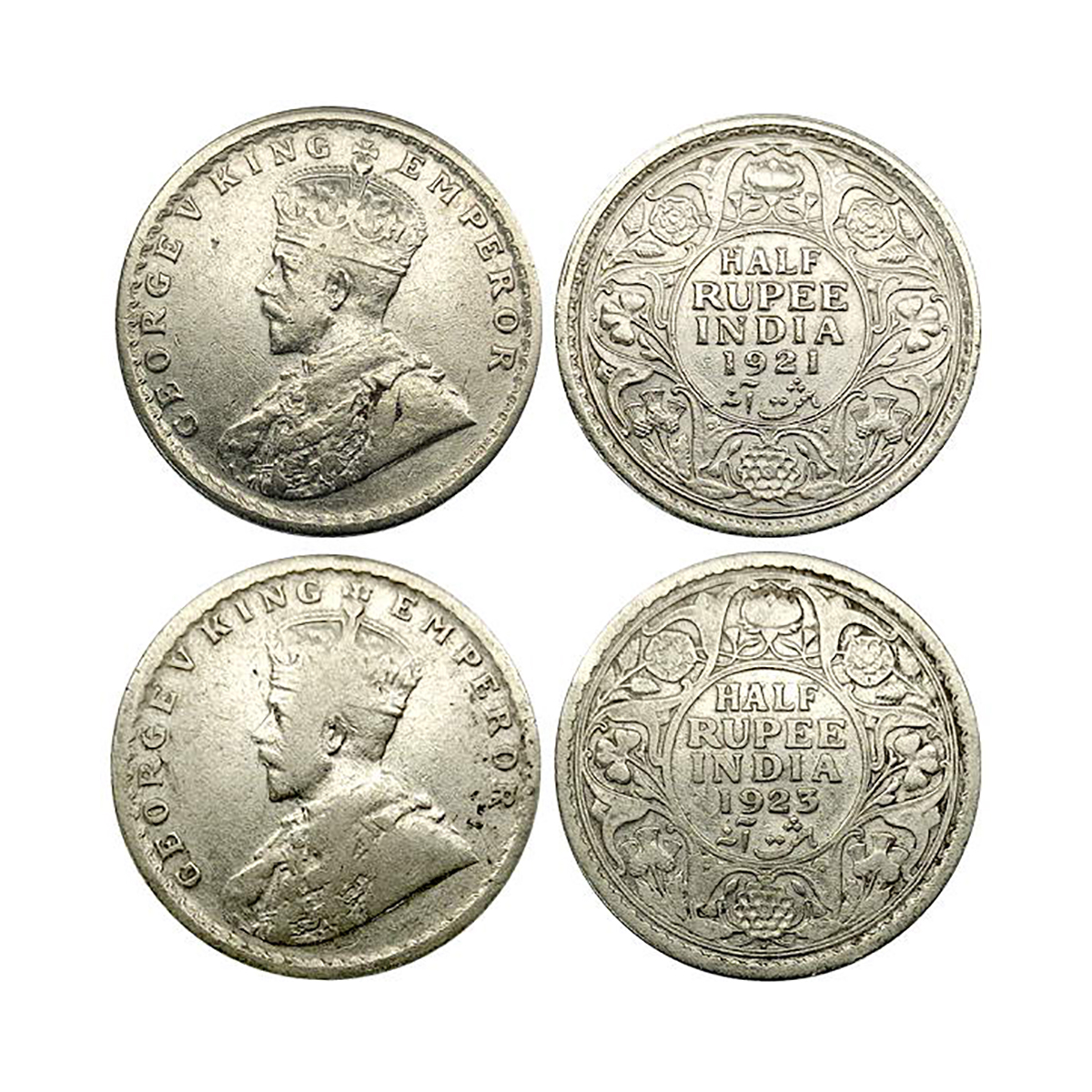 George V, ½ Rupee (2), Silver, Bombay Mint, 1921, Calcutta Mint, GK# 1058; & 1923, Bombay 