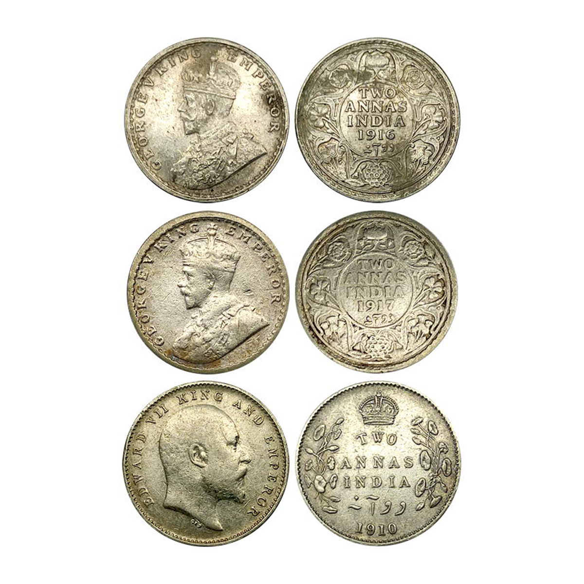 2 Annas (3), Silver, Edward VII, 1910, Calcutta Mint (GK# 987); George V, Calcutta Mint, 1