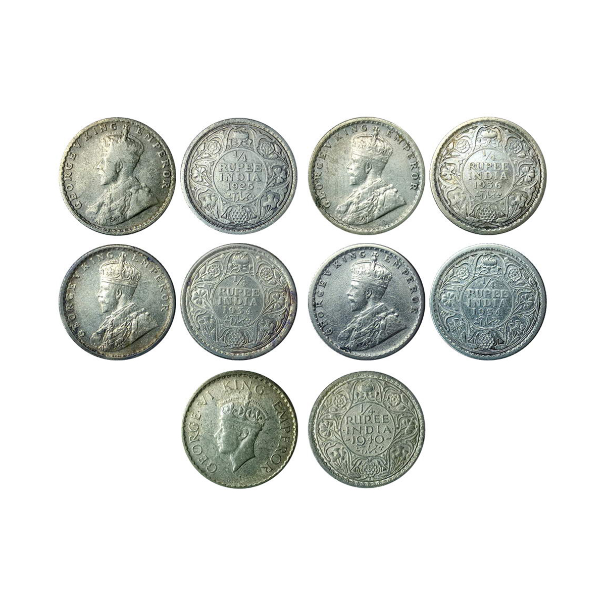 ¼ Rupee (5), Silver, George V, 1925, Bombay Mint (GK# 1093); 1934, Calcutta Mint, 2 coins 