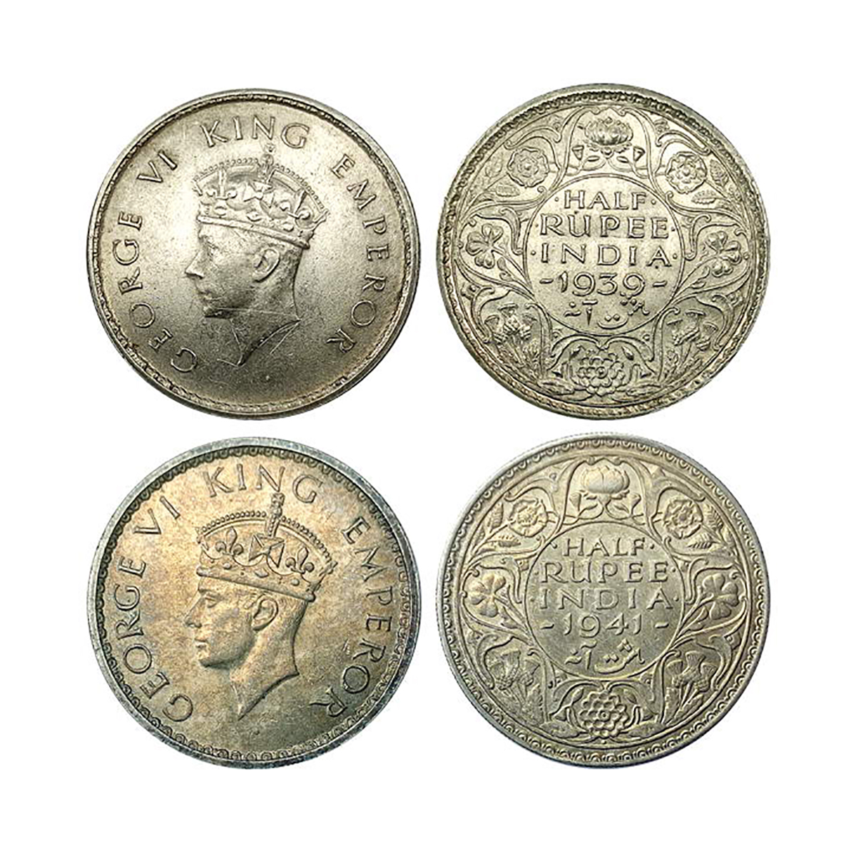 George VI, ½ Rupee (2), Silver, 1939, Calcutta Mint, GK# 1297; 1941, Bombay Mint, GK# 1301
