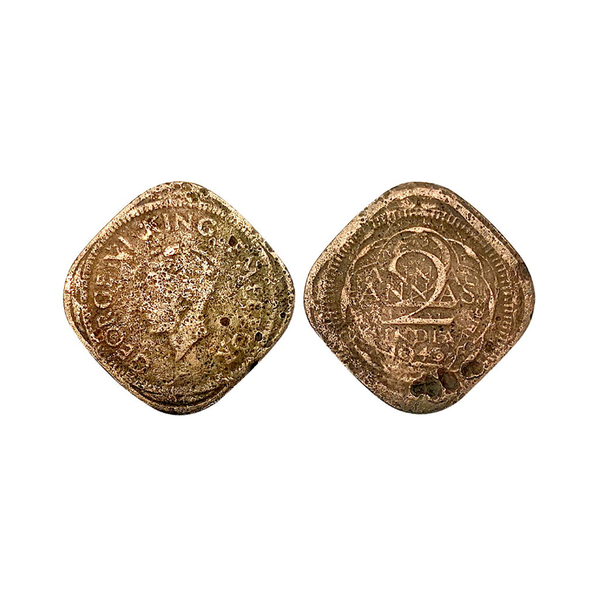 George VI, 2 Annas Error, Nickel-Brass, 6.03 g, 1943, Bombay Mint, Dot Mint marks by the y