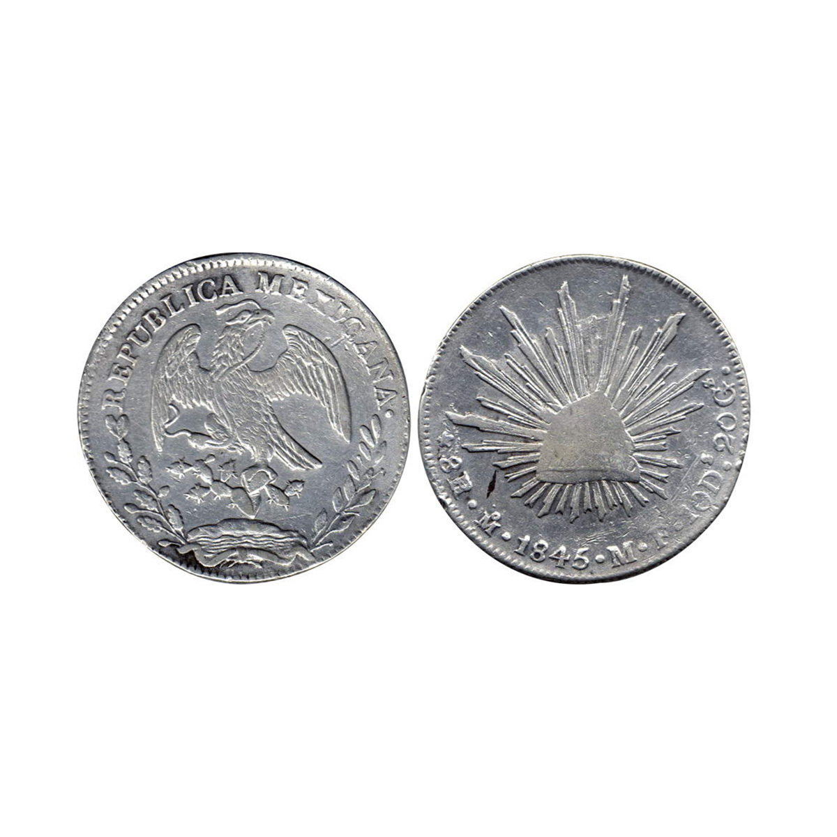 Mexico, Silver, Peso, 1845, Eagle on obverse, Value and year on reverse. About Very Fine, 