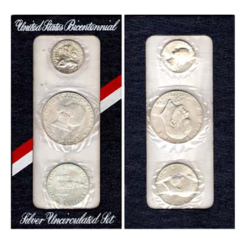 USA, Silver Commemorative UNC Set of 3 coins of 1 Dollar, ½ Dollar, and ¼ Dollar, 1976, Li