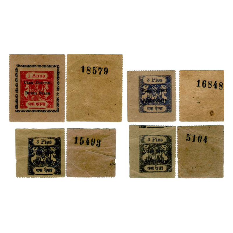 Paper, Bundi, Cardboard (4), 1 Anna & 1 Paisa – 3 Pies (3), bust of the Maharaja in centre