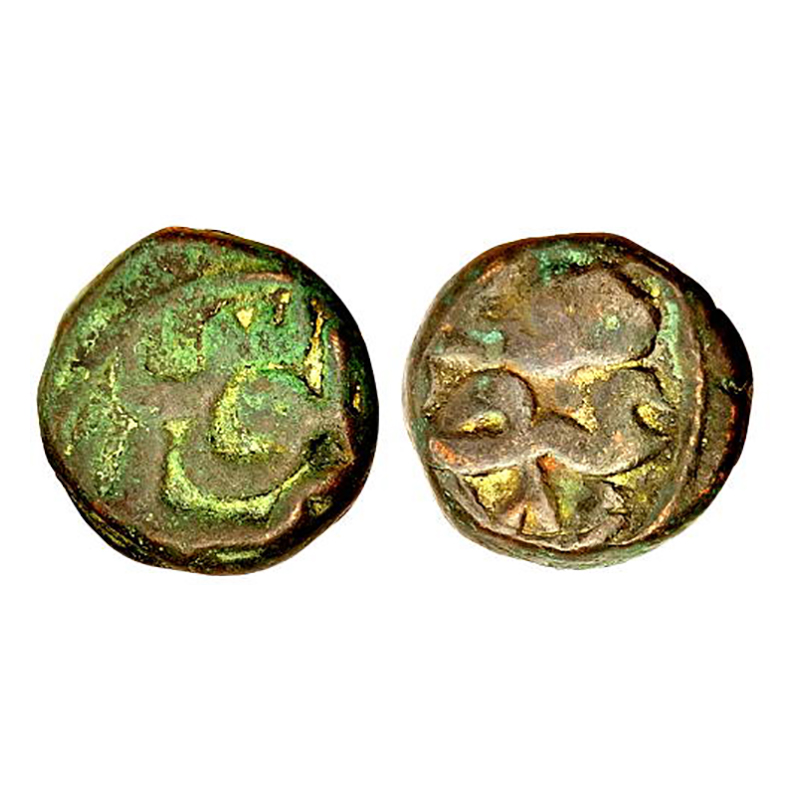 Akbar, Bhakkhar Mint, Dam, Copper, 19.52 g, Year in words and numerals, 985 on obv, Falus 