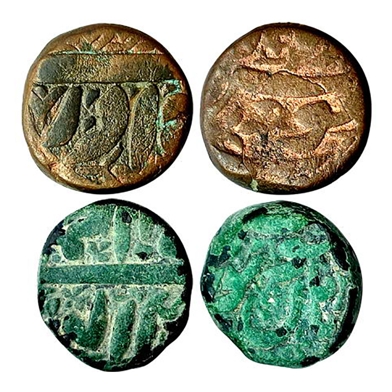 Akbar, Burhanpur Mint, ½ Dam, Copper (2), 9.91 and 9.75 g, Mint name on obv, Ilahi year an