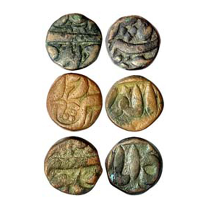 Akbar, Burhanpur Mint, ¼ Dam, Copper (3), 4.78, 4.85 and 4.86 g, Mint name on obv, Ilahi y